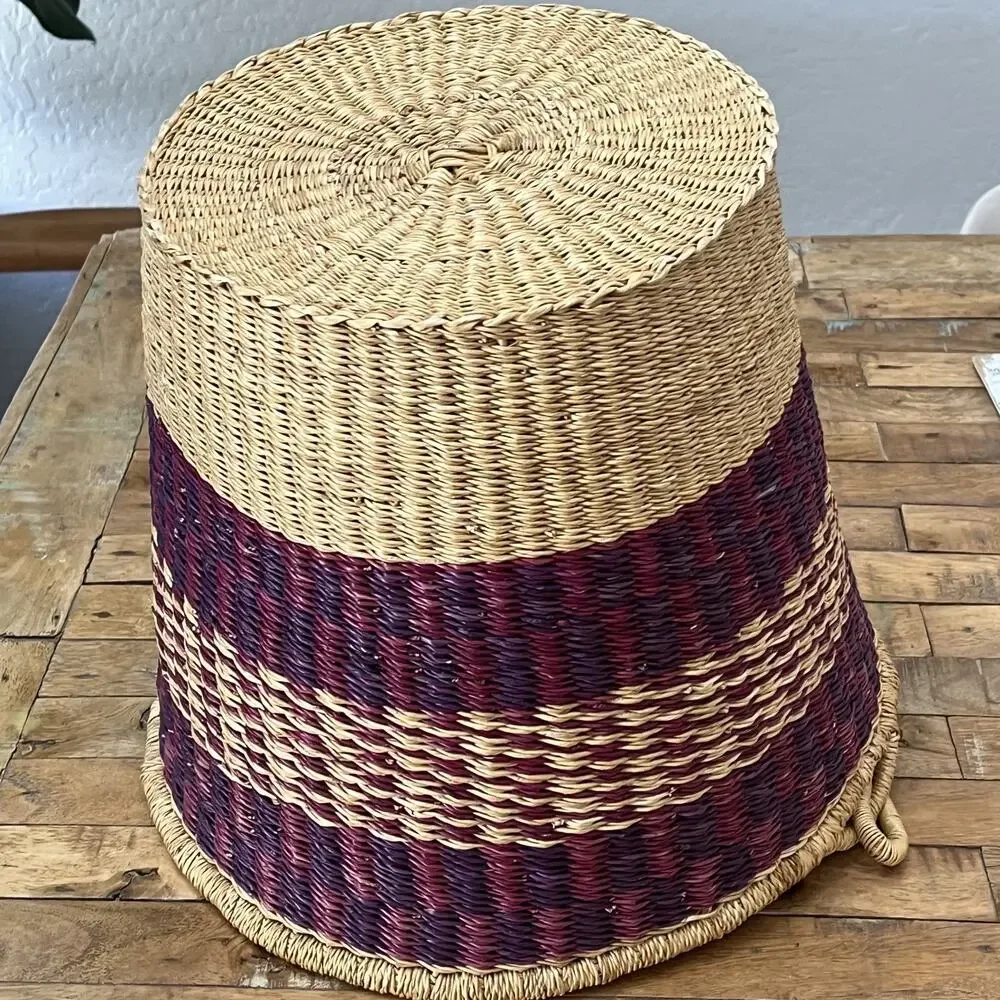 African Hand Woven Bolga Ghana Market Bucket Basket With Leather Wrap Handle